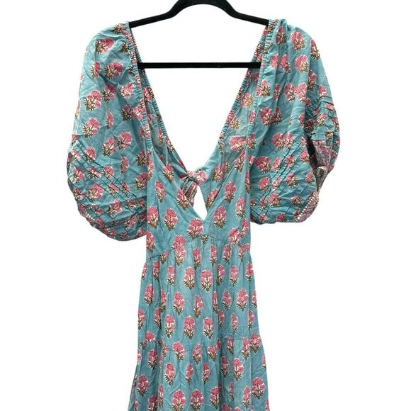 Saylor Annaleise Blue Dahlia Block Print Cotton Midi Dress Size M Boho Tie Back - Picture 7 of 14